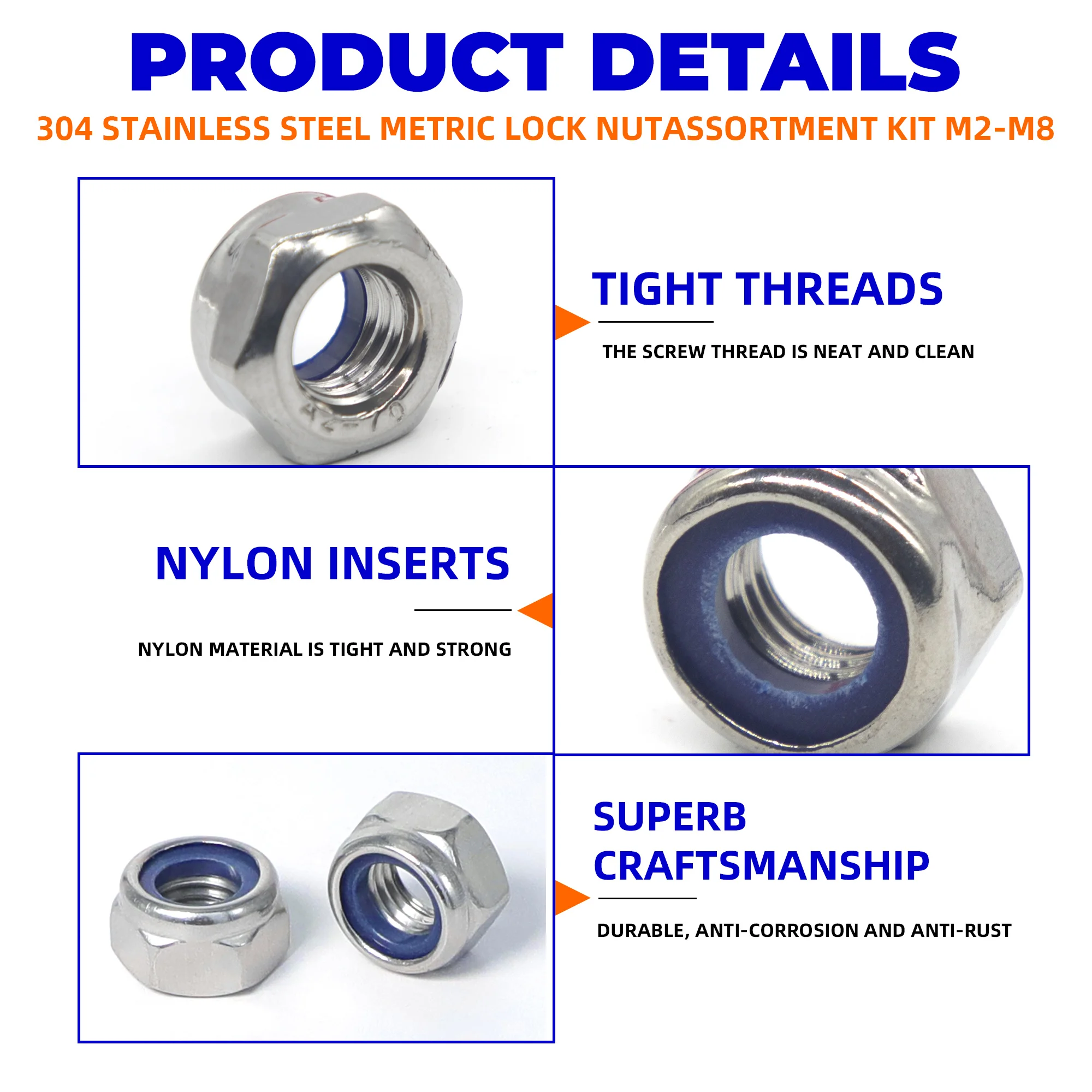 200 Uds DIN985 inserto hexagonal de nailon tuerca autoblocante Nylock juego surtido de tuercas M2 M2.5 M3 M4 M5 M6 M8 304 A2-70 acero inoxidable