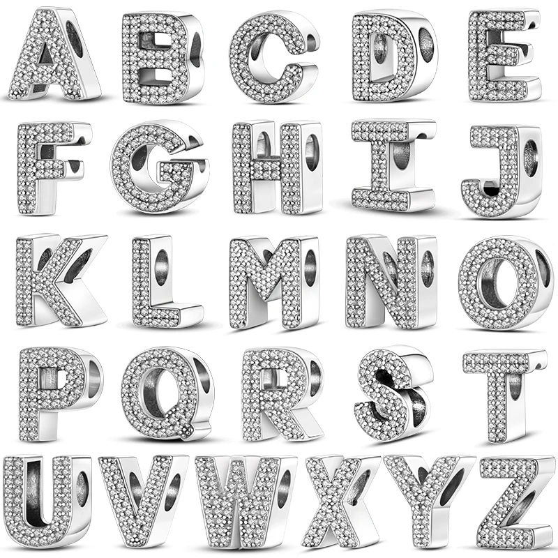 Original 925 Sterling Silver 26 Alphabet Letters Sparkling Zircon Charms Pendant Beads For Women Fine DIY Birthday Jewelry Gifts
