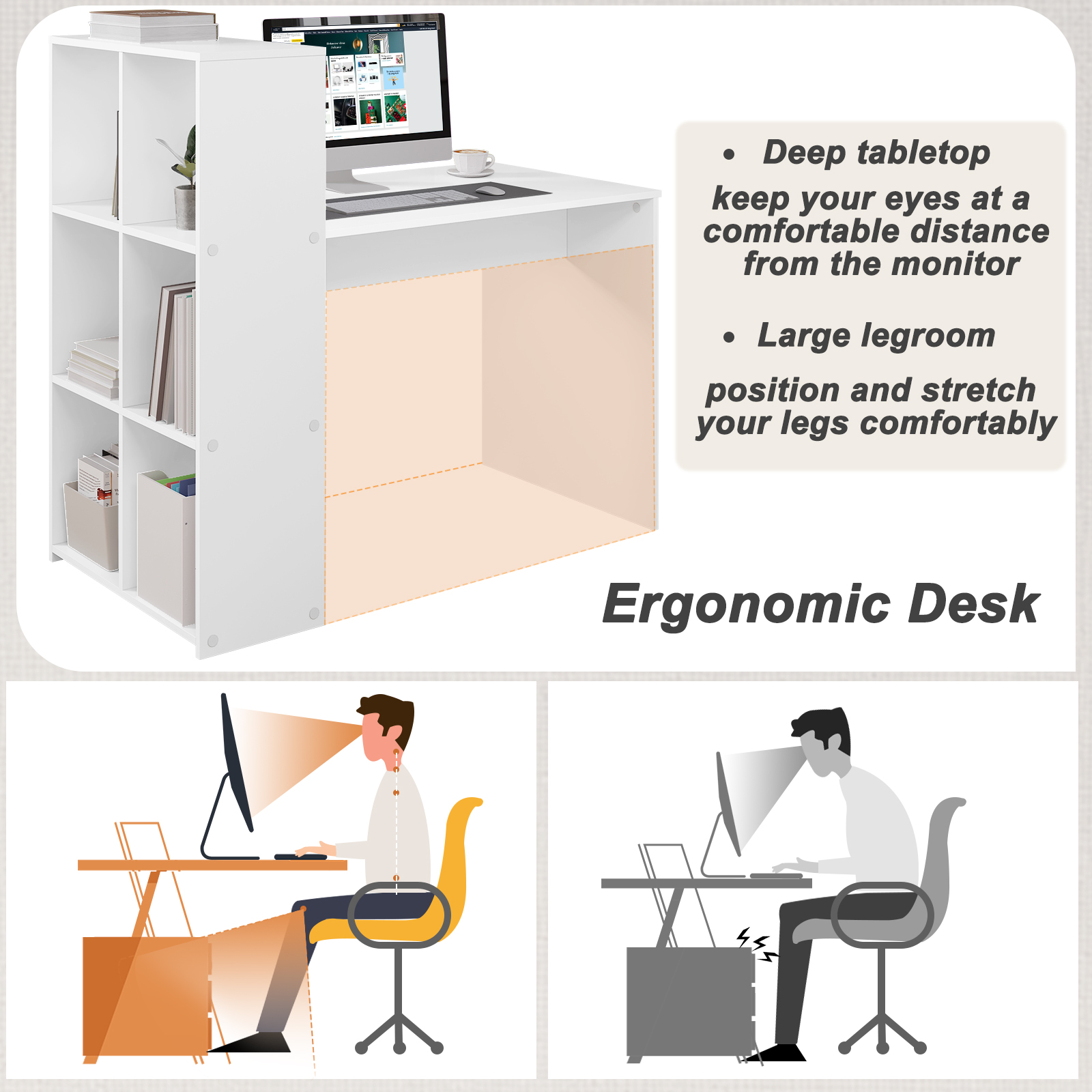 WOLTU Bureau d'ordinateur en bois blanc avec étagère de rangement 120 x 63 cm, poste de travail pour bureau, salon, chambre à coucher