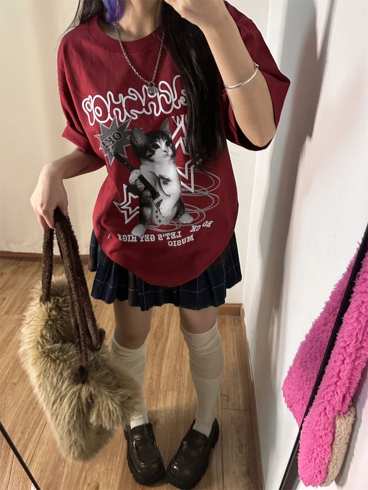 HOUZHOU Kawaii Cat Printed Red T-shirts Women Harajuku Oversized Punk Style Tops Cute Graphic Short Sleeve Tees Cotton Casual