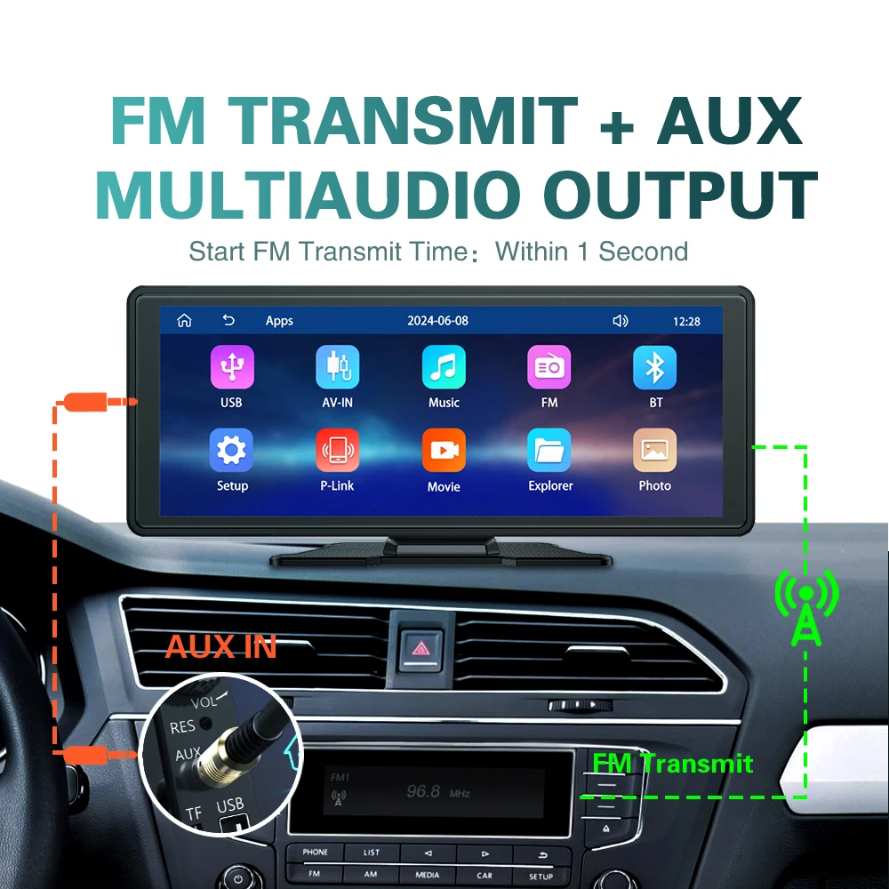 Universele 10.26 "Draagbare Carplay Android Auto MP5 Auto Speler Touchscreen Draadloze Auto Stereo USB BT AUX Achteruitrijcamera autoradio