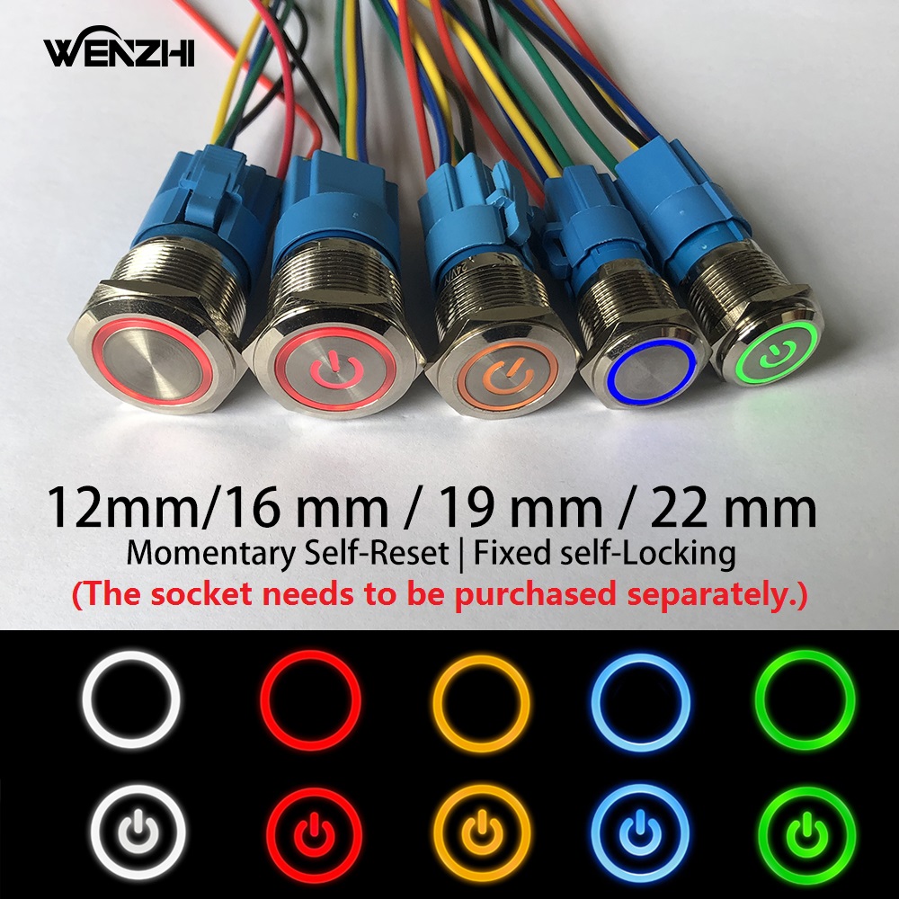 Interruptor de botón de Metal momentáneo/enganche retroiluminado Led 5/12/24/220V con fijación arranque de energía parada pasar/apagado Diy electrónico