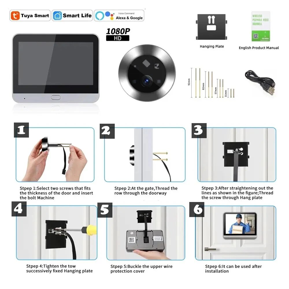 Caméra judas de porte grand Angle Tuya 4.3 pouces, interphone unidirectionnel, détection de mouvement oculaire, sonnette Wifi, batterie 5000mAh
