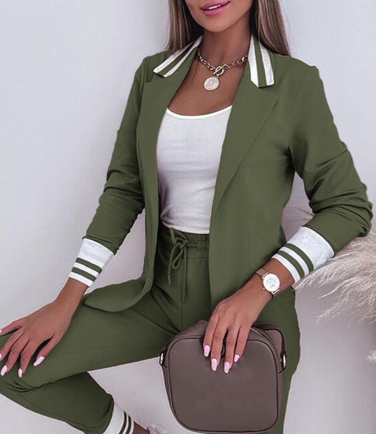 Primavera feminino duplo breasted blazer escritório pantsuit listrado gola entalhada blazer casaco calças com cordão conjunto de 2 peça feminino