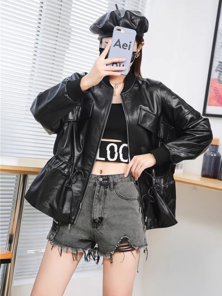 Luxury Black Genuine Leather Jacket Women Streetwear Spring Autumn Loose Zipper Pocket Sheepskin Coats Fashion Motorcycle Jacket