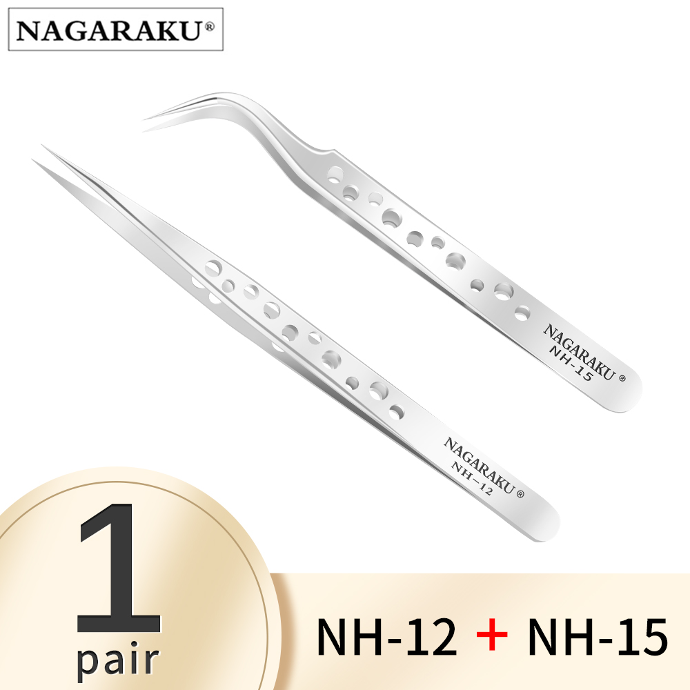 NAGARAKU Maquiagem Cílios 2 pçs conjunto N-01 N-02 Pinças de Cílios NH-12 NH-15 Cílios Preciso ST-12 ST-15 Pincet Inoxidável