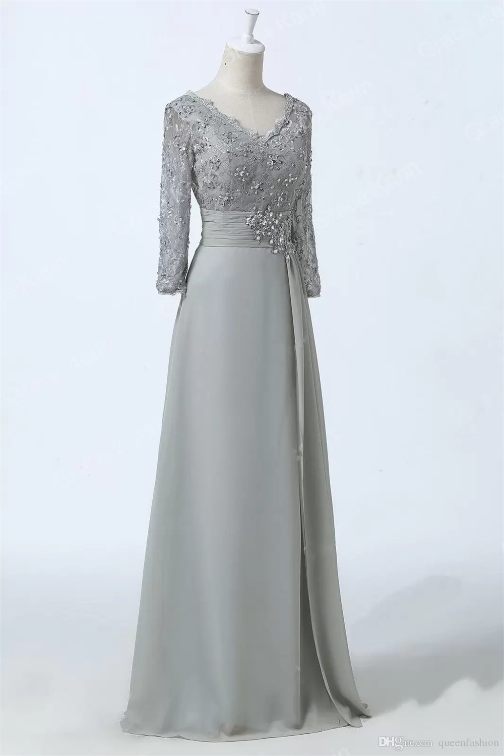 Personalizado Mulheres Evening Prom Party com mangas longas Chiffon V-Neck Wedding Guest Floor Length Low Back Mãe do vestido da noiva