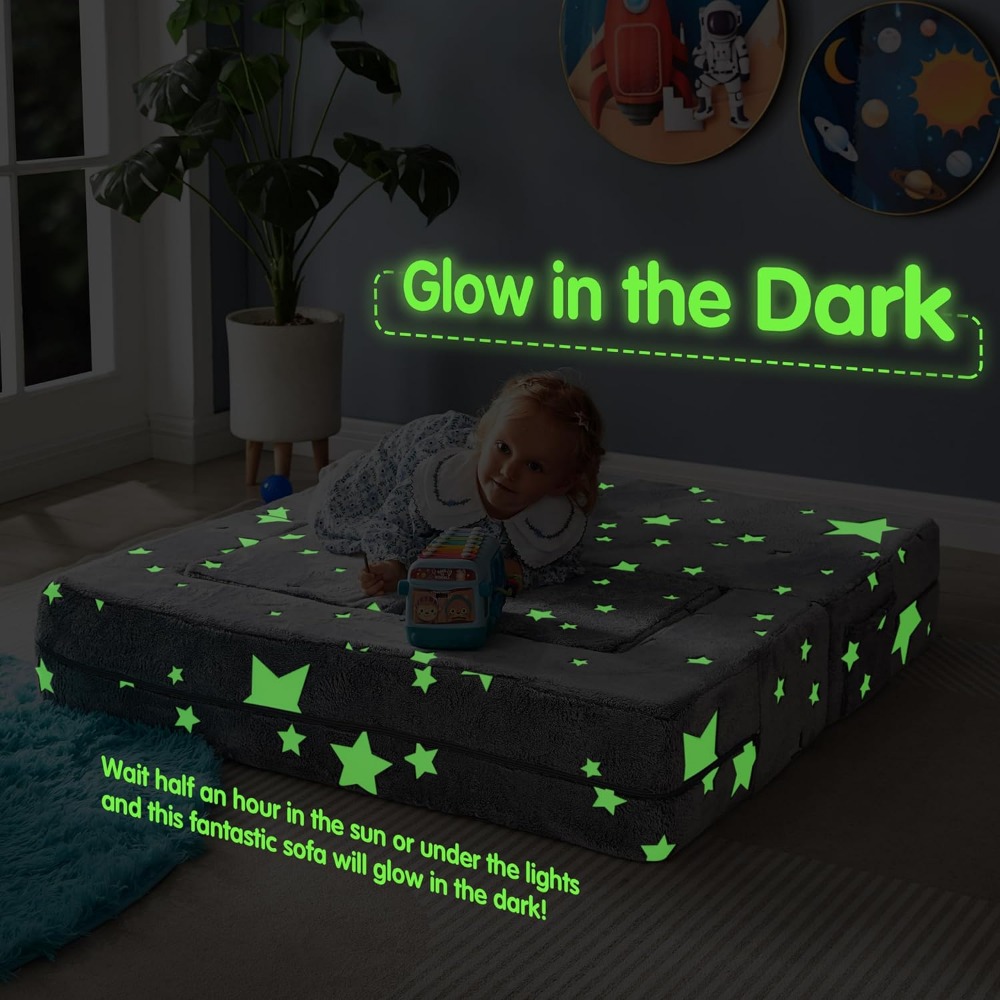 Kids Play Couch, Glow in The Dark Star Patterns Toddler Modular Sofa, Convertible Baby Fold Out Play Foam and Floor Cushion