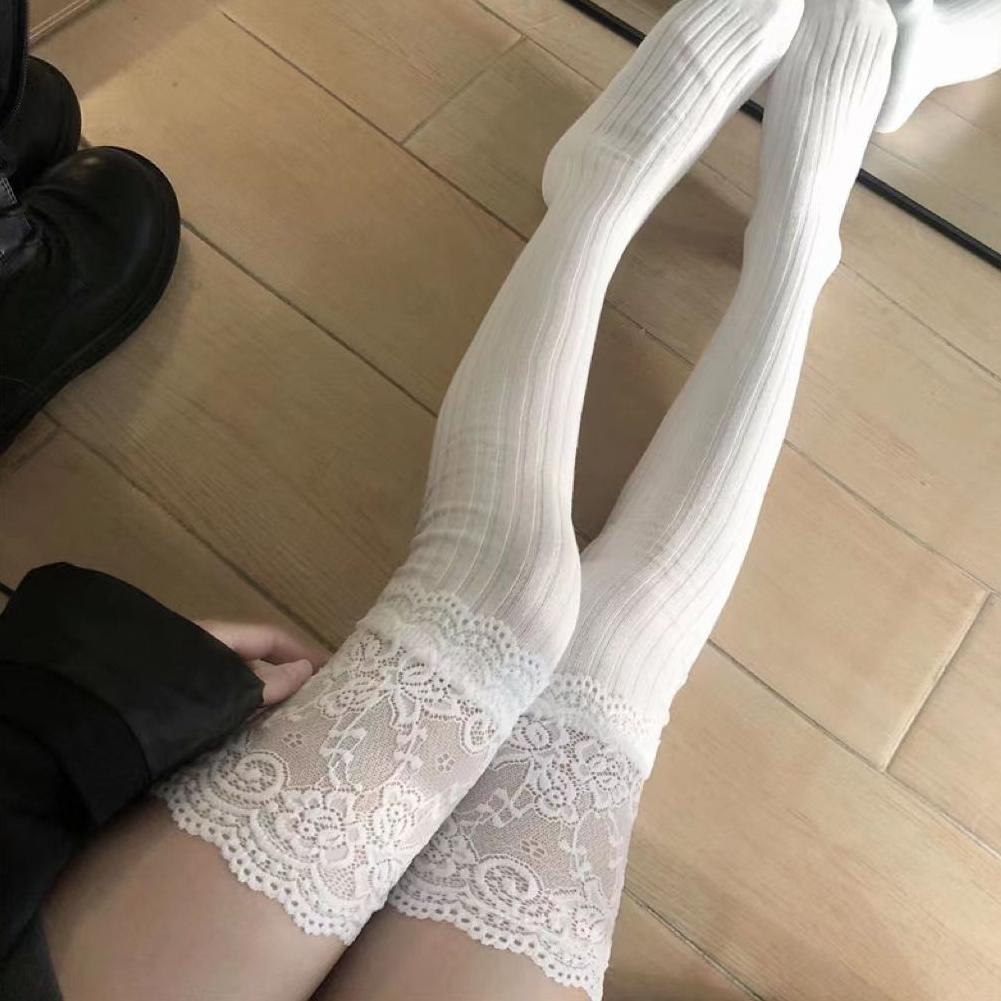 Nuevos calcetines de mujer Otoño/Invierno Color sólido muslo alto encaje lindo Lolita medias gruesas cálidas negro blanco calcetines de pierna larga para mujer