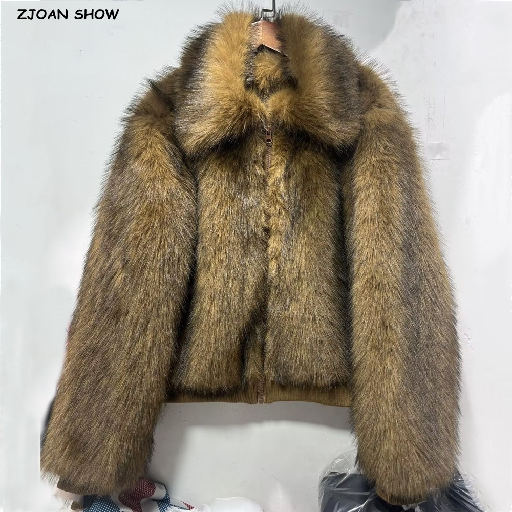 Winter-Farbverlauf, braun, lang, haarig, zottelig, Waschbär, Kunstpelzmantel, volle Ärmel, pelziger Damen-Pelzmantel mit großem Revers, lockere kurze Oberbekleidung