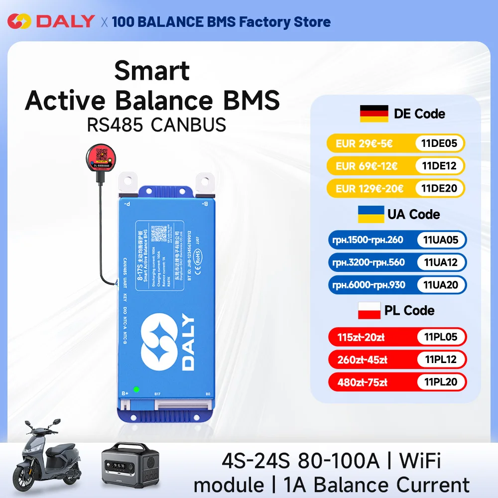 Daly Smart BMS with BT WiFi 4S 12V 8S 24V 16S 48V 40A 100A 150A 200A Active Balance Overcharge/Discharge Protection for Sola/EV