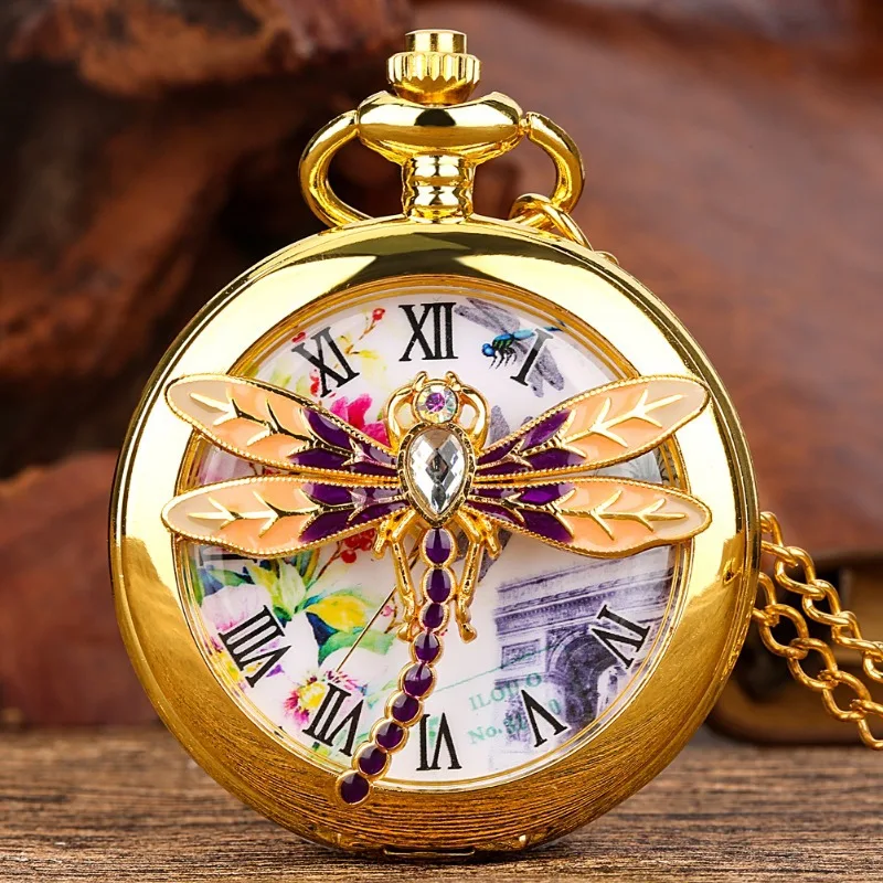 Anhänger Libelle schöne Persönlichkeit kreative Anhänger Anhänger Geschenk an meine Freundin hohle Flip Taschenuhr Farbe Diamant