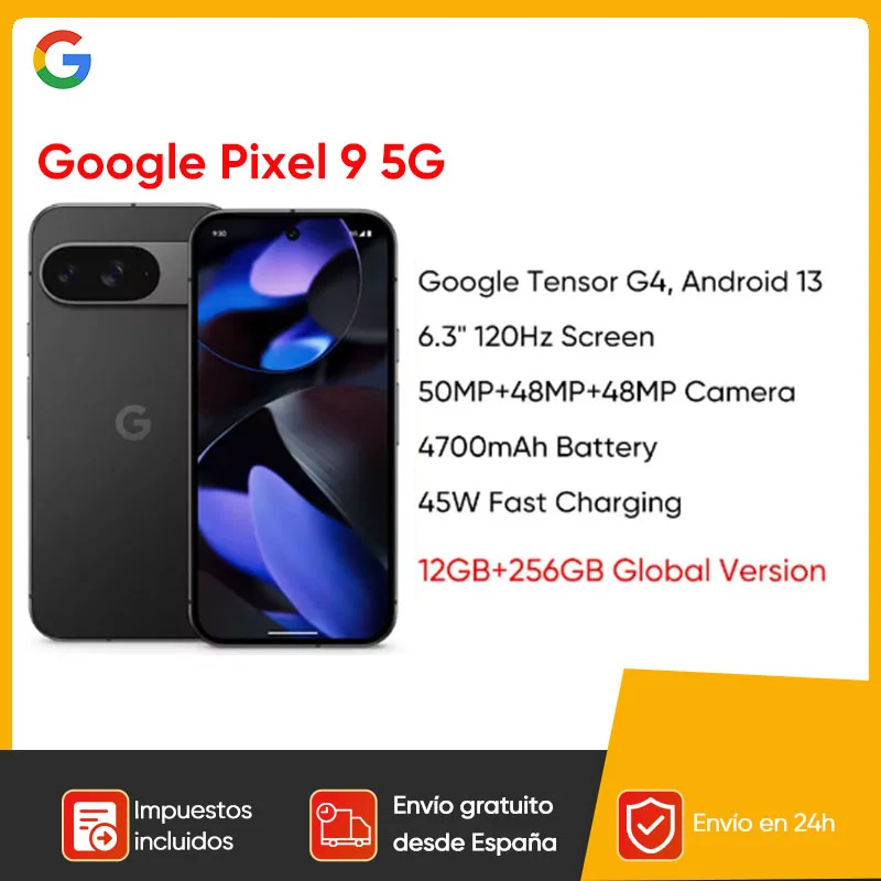 Google-Smartphone Pixel 9 5G, Tensor G4, pantalla OLED de 6,3 pulgadas, 120Hz, cámara de 50MP, batería de 4700 mAh, Android 14, NFC