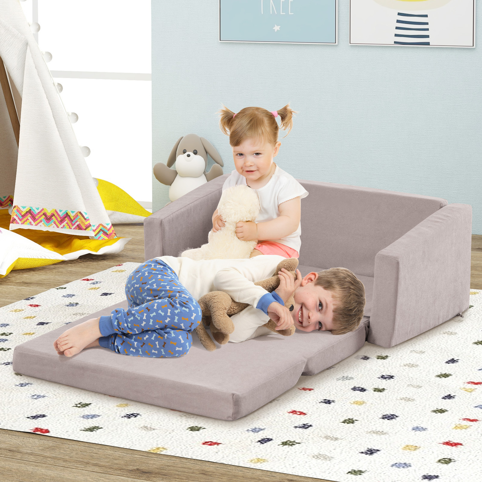GOFLAME 2-in-1 Toddler Fold out Couch, Convertible Sofa to Lounger with Soft & Machine Washable Sofa Cover