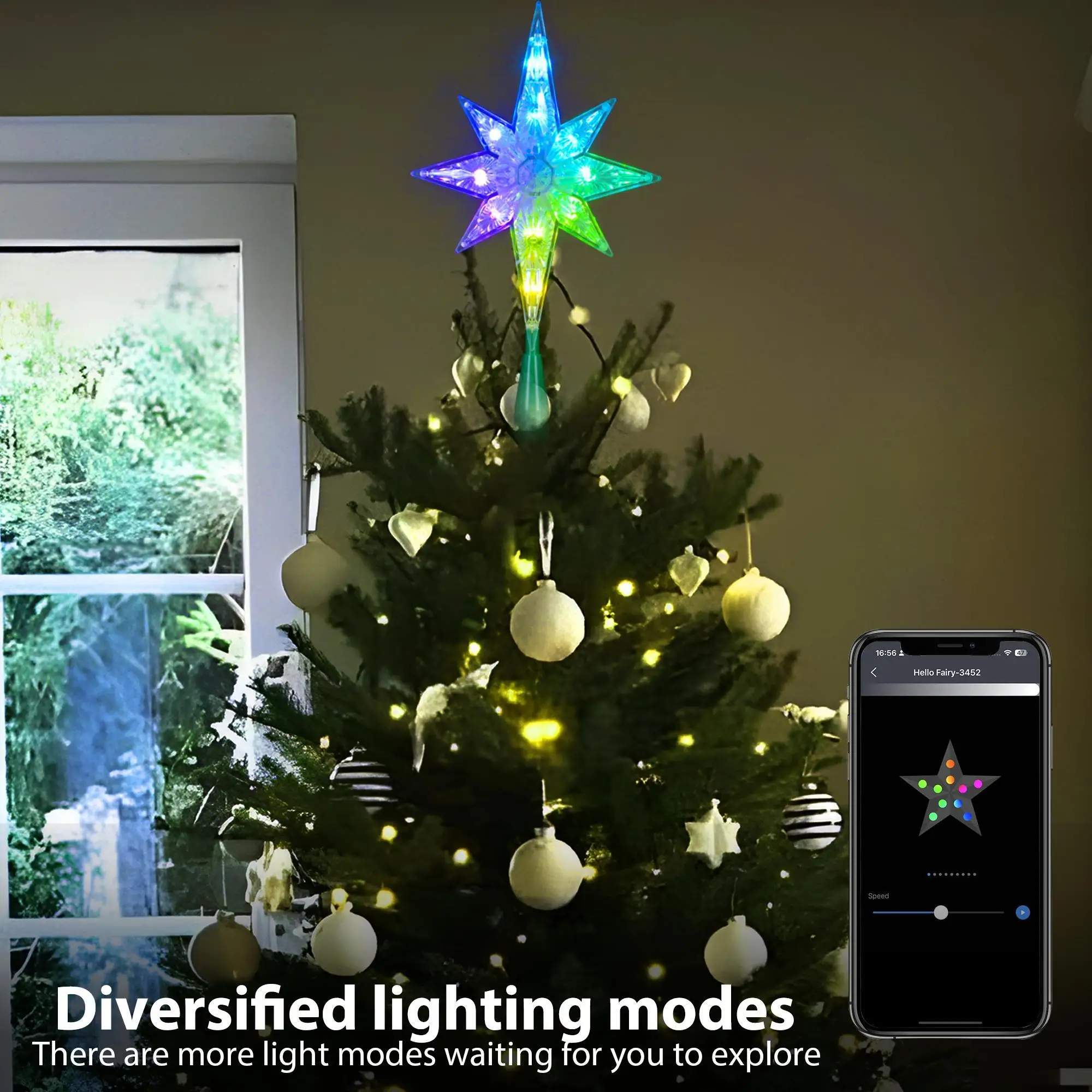 Weihnachtsbaumspitze Neujahr Dekor Smart APP Remote Music Sync Control RGB Farbe Doppelschicht Stern Weihnachtsbaum Stern Dekor Lichter