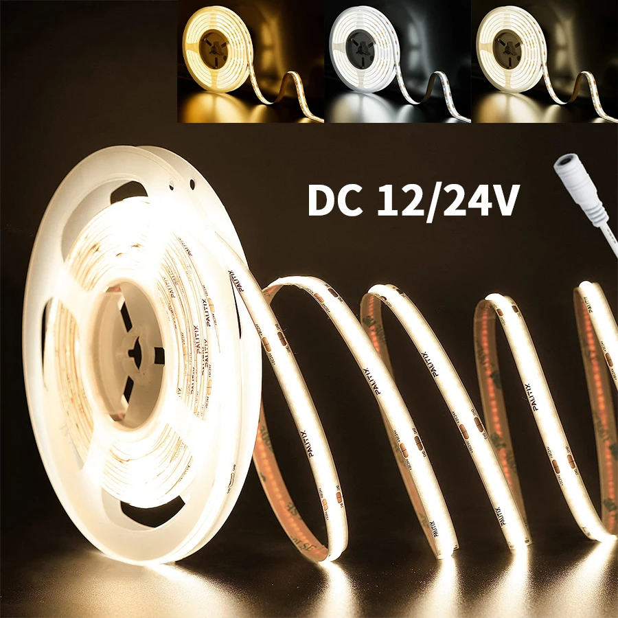 Dimmbares FOB-COB-LED-Streifenlicht, DC12 V, 24 V, 320 LEDs, flexibles FCOB-LED-Band mit DC-Anschluss, 1–10 m, lineare Küche, Schlafzimmer