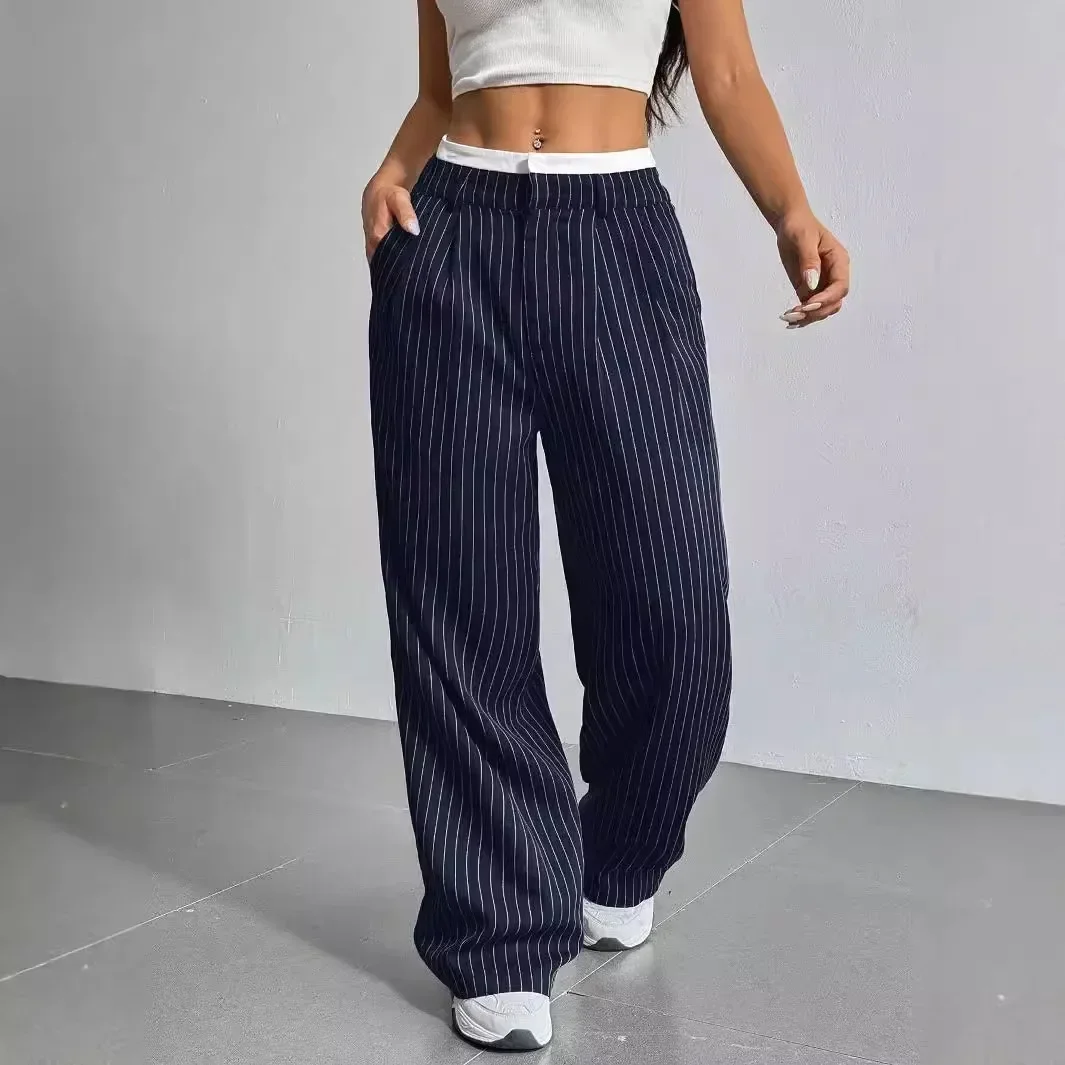 Pantalon pleine longueur imprimé à rayures pour femmes, taille haute, mode décontractée Y2K, ample, jambes larges