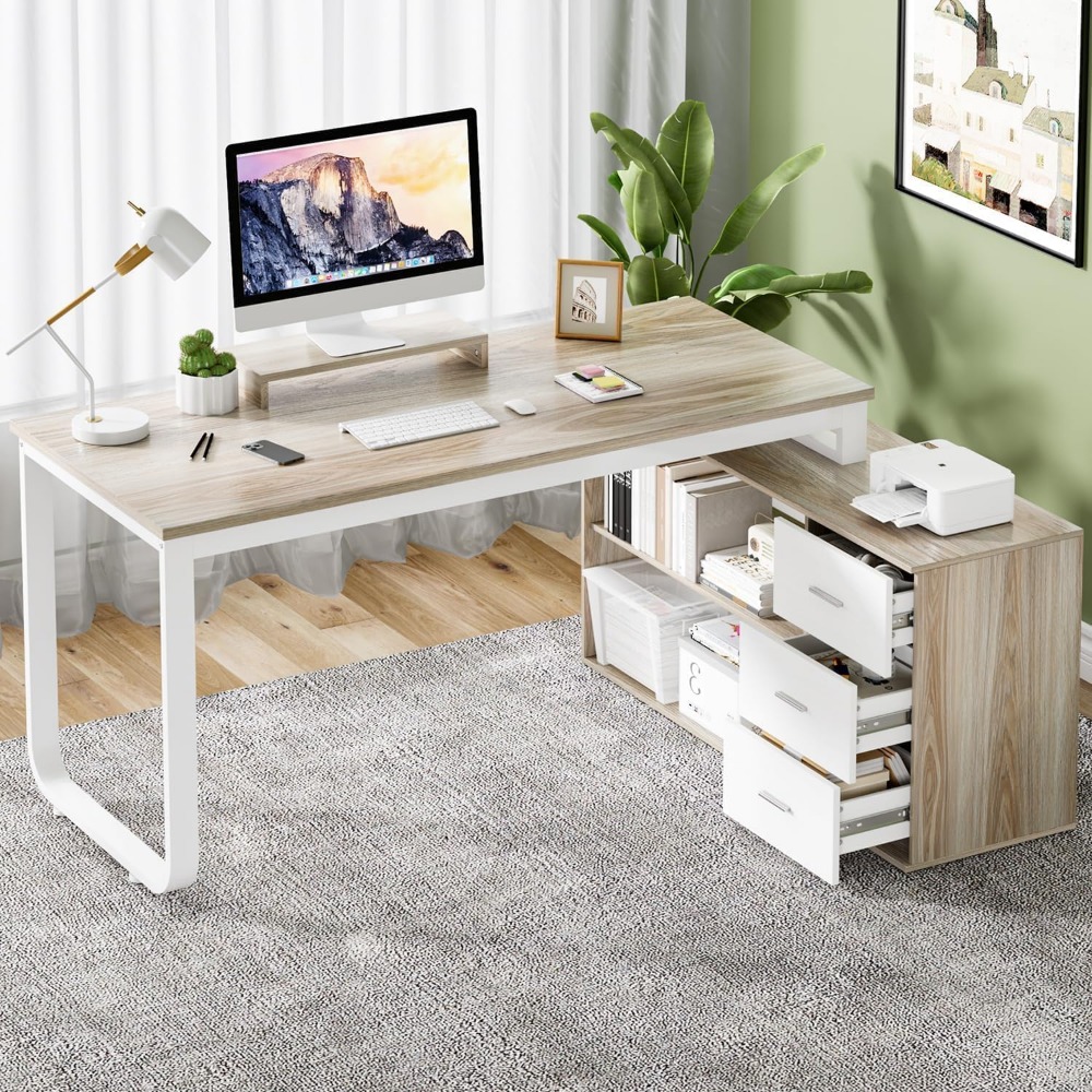 Desk with Drawers, 55 Inch L Shaped Computer Desk with Storage Shelves, Corner Desk with Removable Monitor Stand, Study