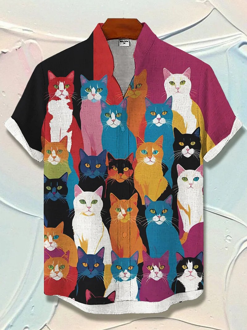 Herren-Hemd mit Katzen-Grafik, kurzärmelig, Button-Down-Revers-Hemd für den Sommer, übergroße Oberteile, Urlaub, lässige Hawaii-Hemden