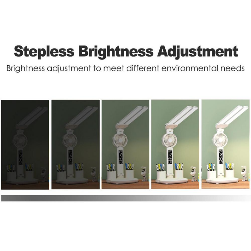 Wiederaufladbare Tischlampe für Arbeitszimmer, Schreibtischlampe, Leselicht, LED-Tischleuchte mit Ventilator, LED-Leselampe mit Uhrendisplay