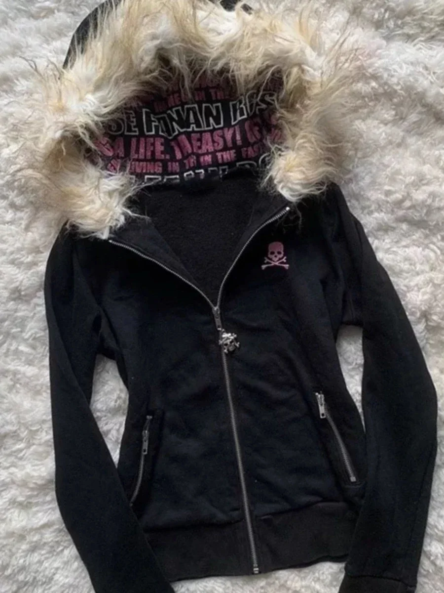 Sudadera con capucha Y2K con cuello de piel negra y cremallera, sudadera Sexy para mujer, abrigo ajustado con estampado gráfico de letras góticas Harajuku, ropa de invierno