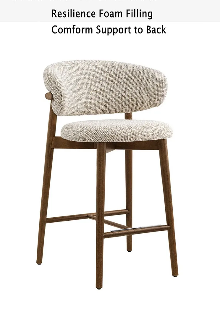 Nordic bar Furniture Modern Solid Wood Frame High bar Stool Withe Linen Fabric bar Stools Chair with Curved Backrest for Kitchen