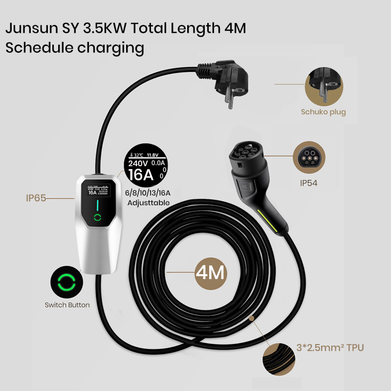 Cargador Junsun IP65 EV Type2 Max Power 3.6KW Control de aplicaciones Carga programada y carga programada 1 fase 6A/8A/13A/16A