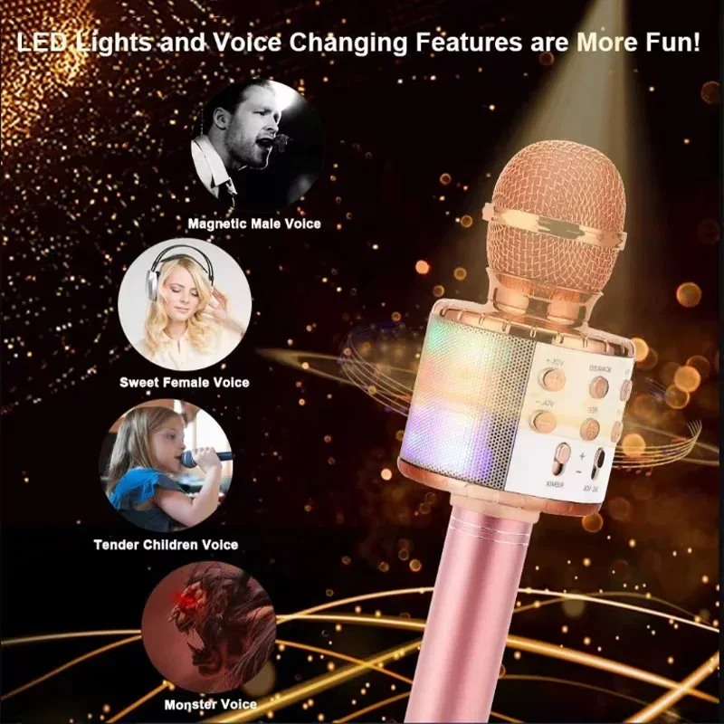 子供用のBluetooth付きLEDワイヤレスマイク,オリジナルのサウンドスピーカー,カラフルなライト,カラオケ,歌,音楽の除去
