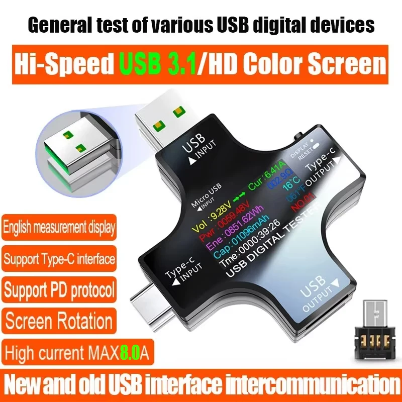 ‌ เครื่องทดสอบ USB Type-C PD ดิจิตอลความจุ 8A แรงดันไฟฟ้า Monitor Power Bank Charger เครื่องตรวจจับ QC3.0 Fast CHARGING