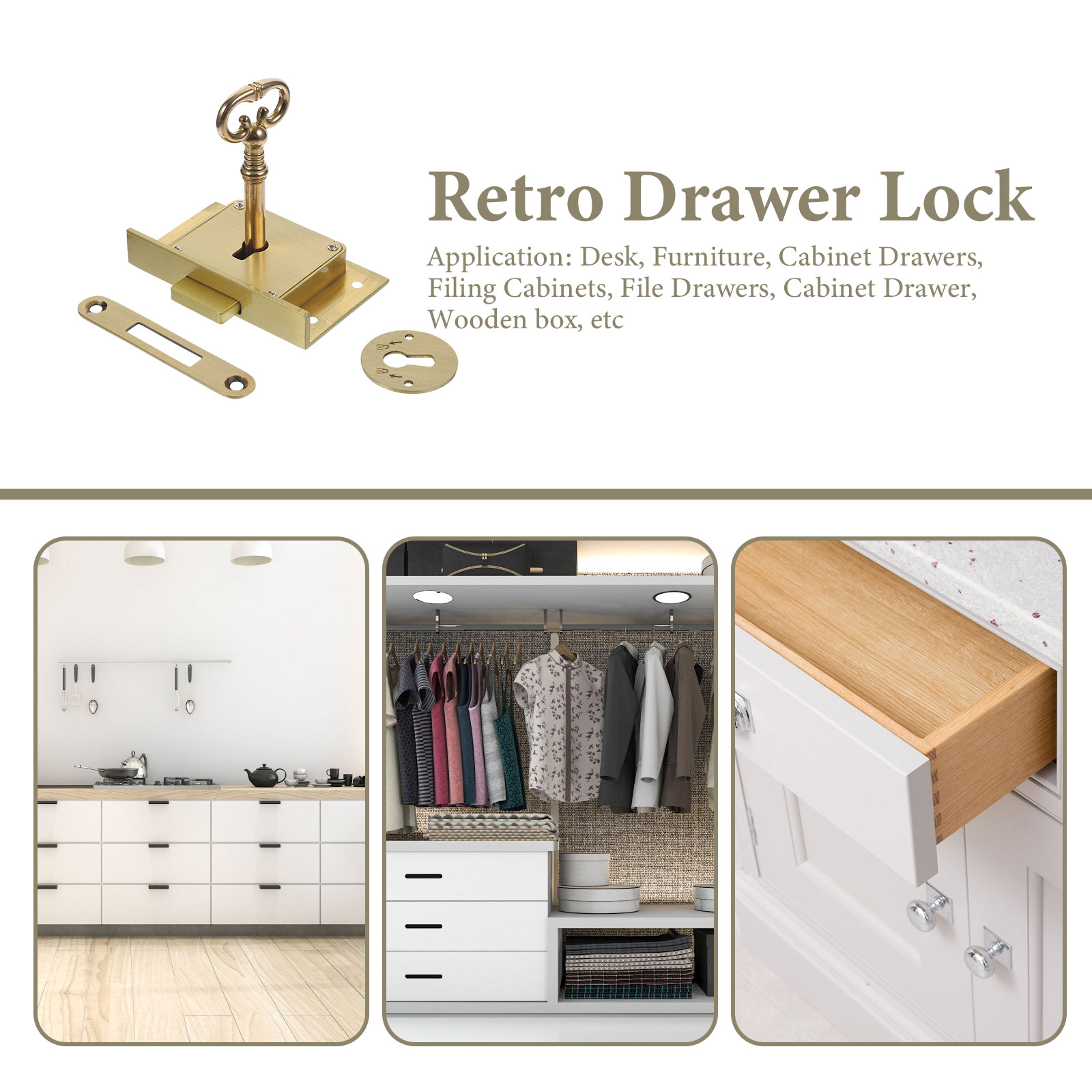 1 Set Square Brass Vintage Drawer Lock 4505B Dull Brushed Finish Furniture Cabinet Lock For Wooden Box File Filing Safe Storage