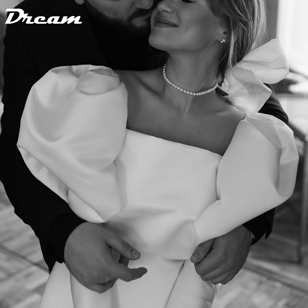 DREAM Abito da sposa micro in raso con maniche lunghe a palloncino personalizzato Semplice collo quadrato sopra il ginocchio Abiti da sposa retrò di lunghezza mini 2025