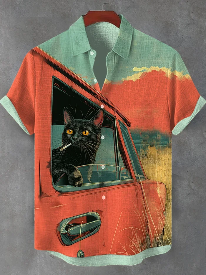 Camisa de manga corta con tema de gato de Anime de dibujos animados Retro de verano para hombre, Tops de manga corta, ropa de calle informal de moda para vacaciones, camisa para hombre