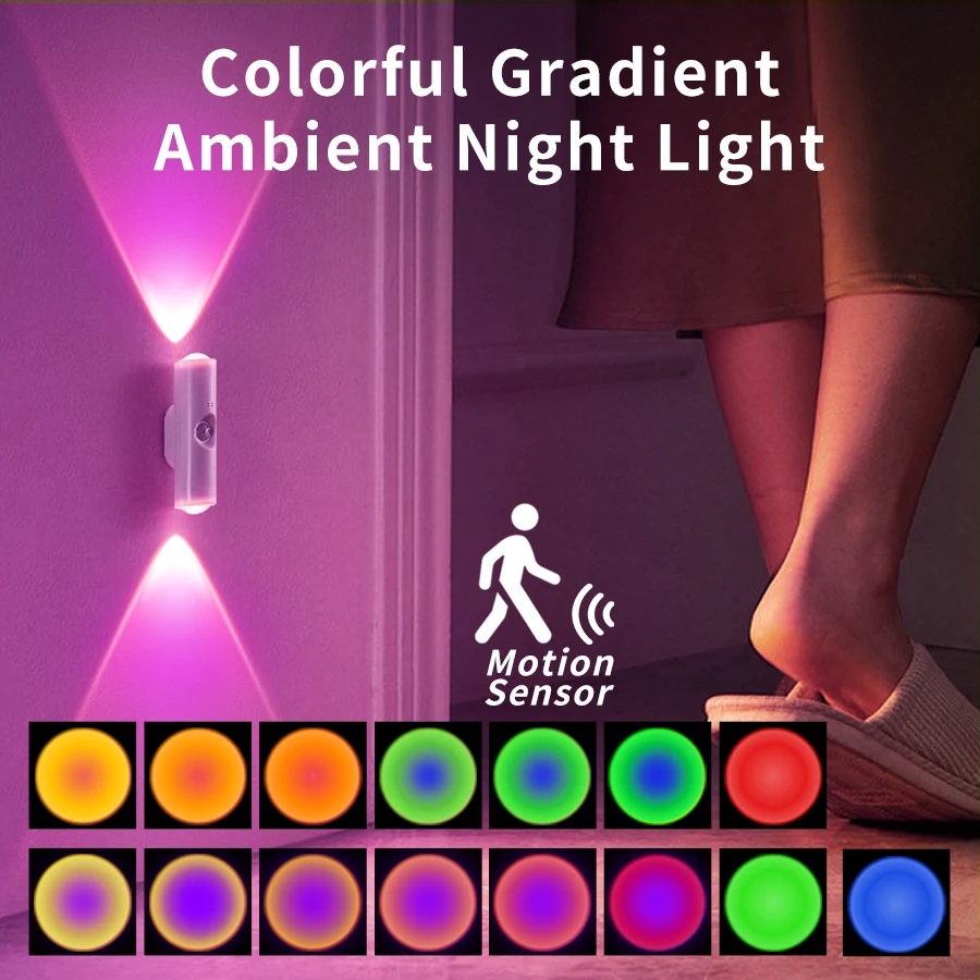 Lampka nocna LED z czujnikiem ruchu, ładowalna, z efektem gradientu RGB, lampka ambientowa, lampka ścienna imitująca zachód słońca, ściemnialna, magnetyczna, do szafy, sypialni.