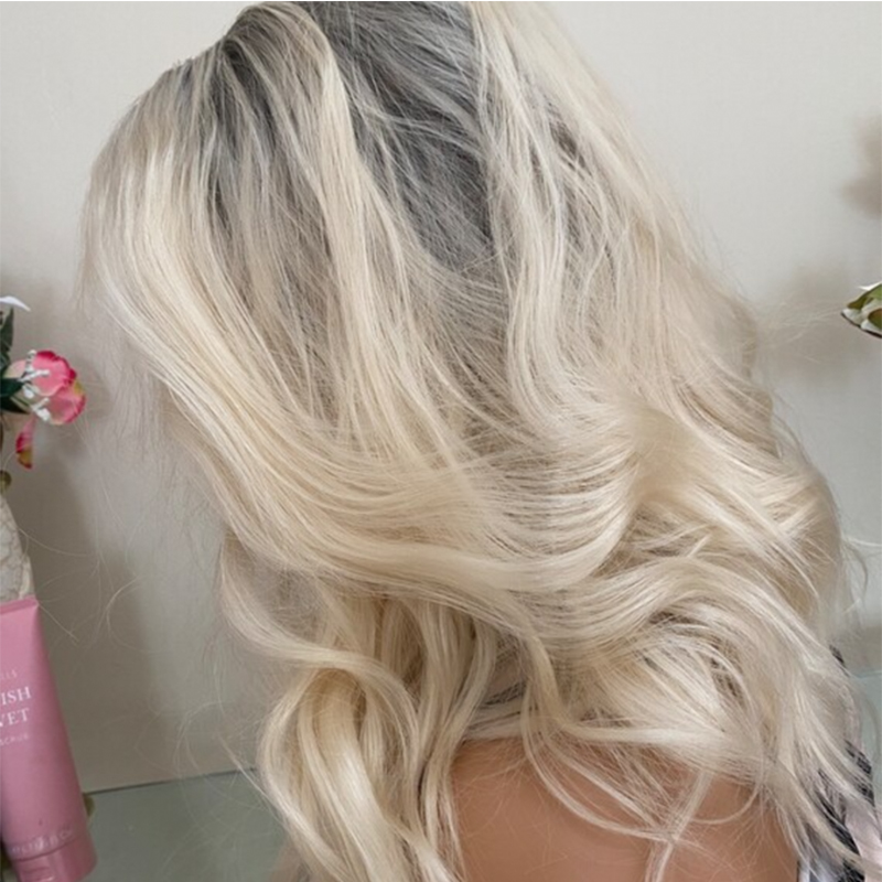 Platinum Blonde Lace Front wig With Grey Roots Thick Shoulder Wavy Synthetic Hair 16" 150% Density Ready to Ship 10% Human Hair