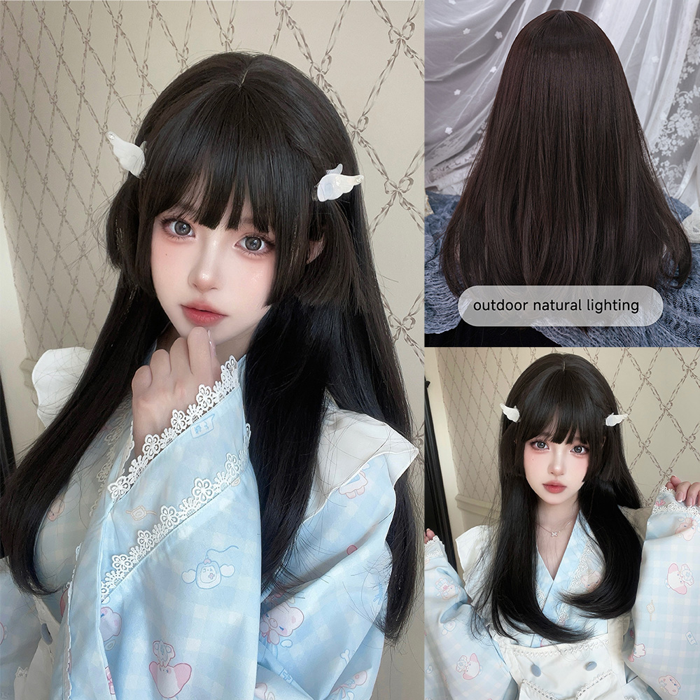 22 Zoll schwarze Lolita Hime Cut synthetische Perücken mit Pony, mittleres natürliches glattes Haar für Frauen, täglicher Gebrauch, Cosplay, hitzebeständig