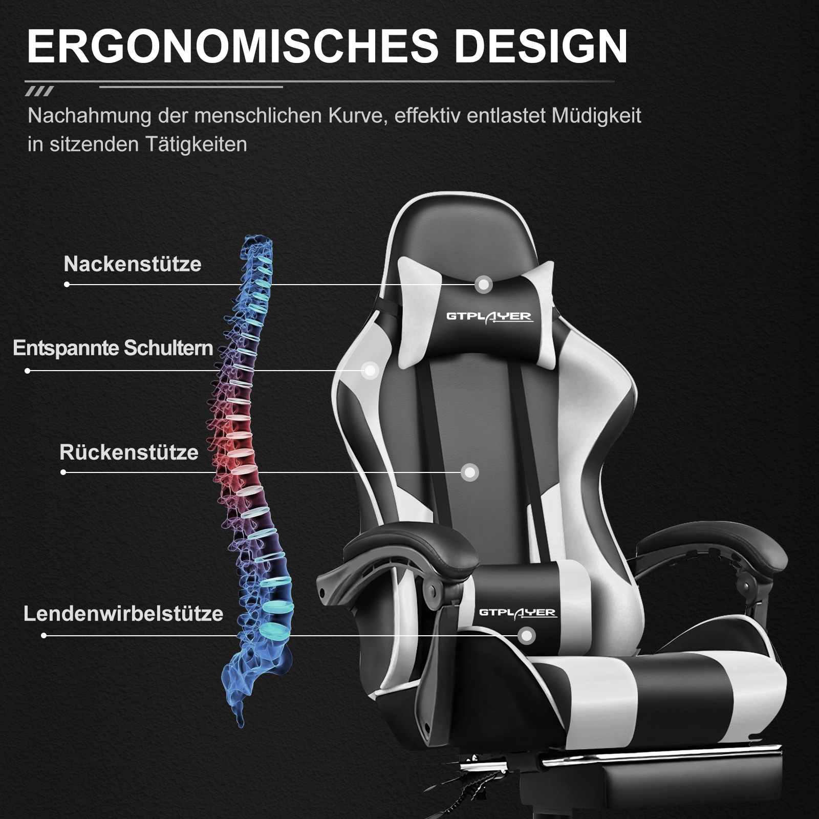 Chaise Gaming GTPLAYER avec Massage, Chaise Ergonomique avec Repose-Pieds, Dossier Réglable et Coussin Lombaire pour Bureau