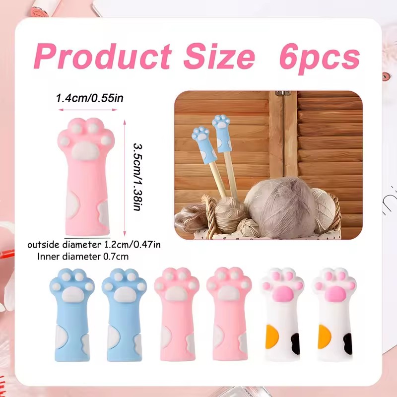 6 น่ารัก Cat PAW ถักเข็ม Stoppers เข็มจุดซิลิโคน Protector Anti-Shedding หมวก DIY สานเครื่องมืออุปกรณ์เย็บผ้า