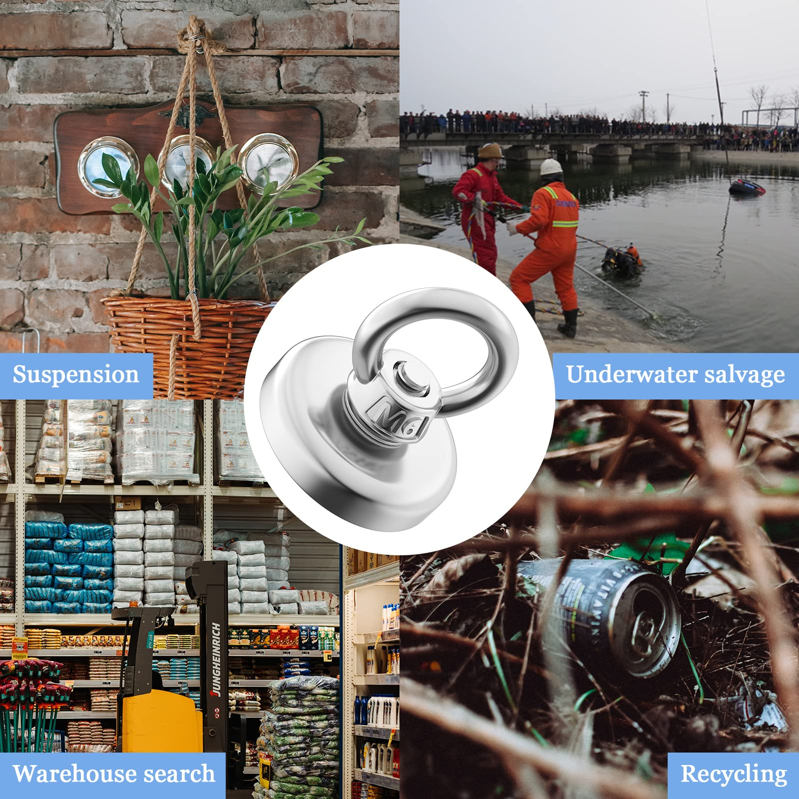 Imanes de pesca de neodimio súper fuertes, imanes resistentes con cáncamo de orificio avellanado para pesca magnética de salvamento