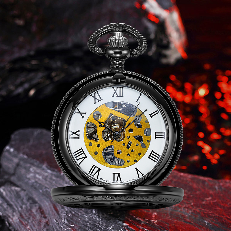Relógio de bolso de quartzo com dedos redondos, grande moda, esqueleto dourado exclusivo, design flip de girassol com corrente espessada, adequado para al