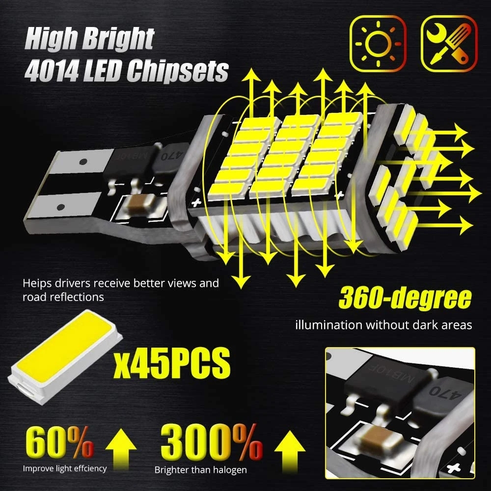 2 pçs t15 w16w 921 912 t16 902 lâmpadas led de alta potência 45 pçs 4014smd super brilhante 1200lm substituir para luz invertendo carro branco