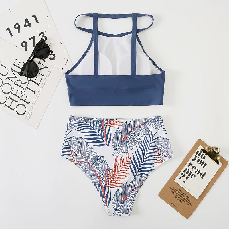 2025 biquíni de cintura alta feminino maiô de pescoço alto impresso banho feminino acolchoado beachwear banhistas natação terno