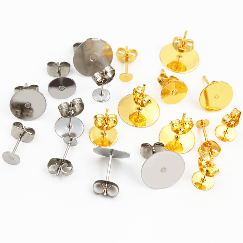 50-100 pçs/lote ouro aço inoxidável brinco studs em branco post base pinos com brinco plug descobertas orelha volta para diy jóias fazendo