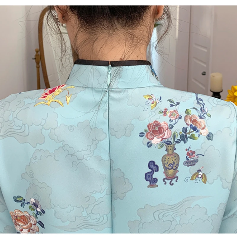 INSสีแดงสีฟ้าหลวม 2021 ใหม่แฟชั่นโมเดิร์นจีนCheongsam A-Lineชุดผู้หญิง 3/4 แขนQipaoเสื้อผ้าจีนแบบดั้งเดิม