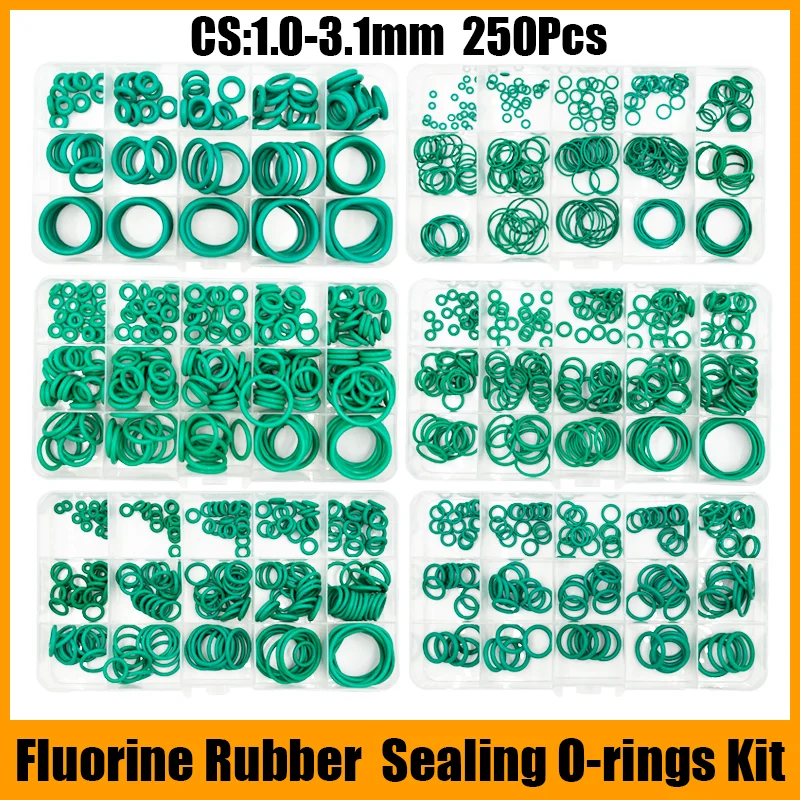 Junta tórica FKM, junta tórica de goma fluorada verde, junta tórica CS1.5/2,0/2,4/3,1mm, resistente al aceite, Kit de juntas tóricas resistentes a ácidos y álcalis