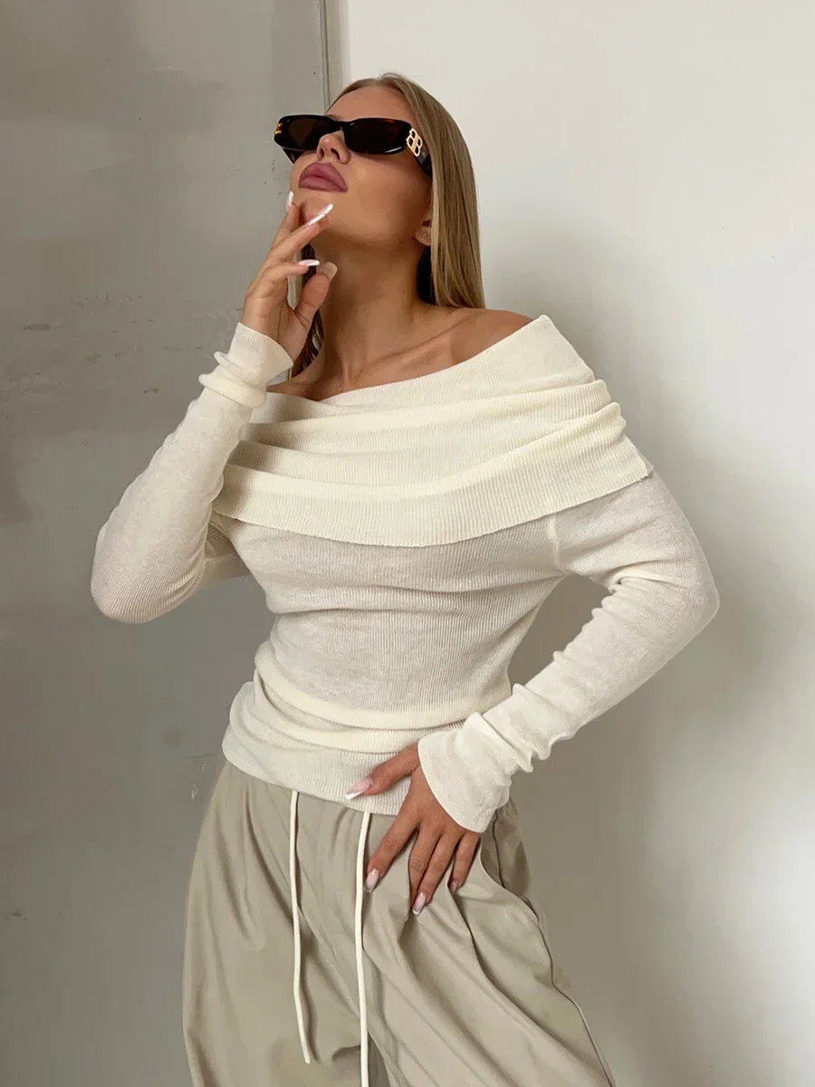 Wolfeel Women Knitted Wool T-shirt Slim Fit Long Sleeve Autumn Winter Chic Off Shoulder Basic Sweater Streetwear Pullovers