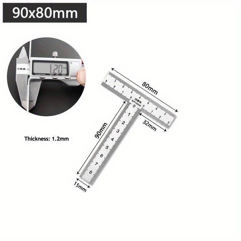 1Pc Integrated Stainless Steel T-shaped Ruler with 90 Degree Right Angle and Thickened Scale T-shaped Engineering Ruler