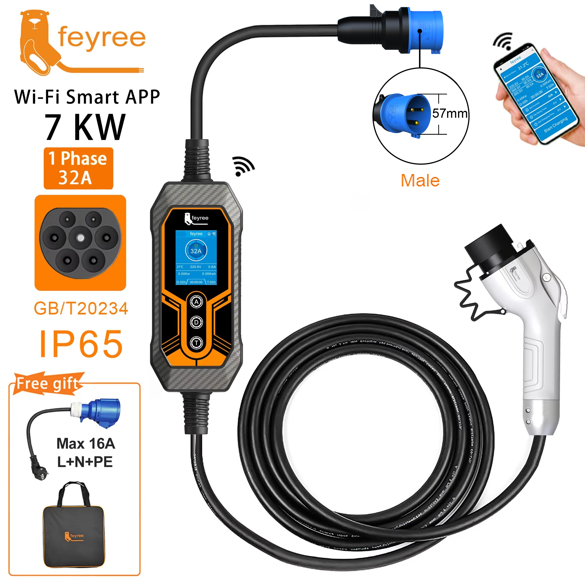 Шнур feyree GB/T 32A, 7 кВт, 1 фаза, интеллектуальное приложение, управление Wi-Fi, версия Bluetooth