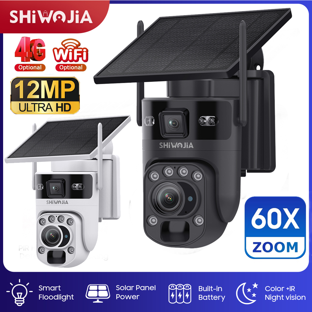 SHIWOJIA 6K 12MP 4G SIM Solar Battery Security Camera 60X ZOOM 360° View Outdoor WIFI PTZ IP Camera PIR Human Tracking UBOX APP