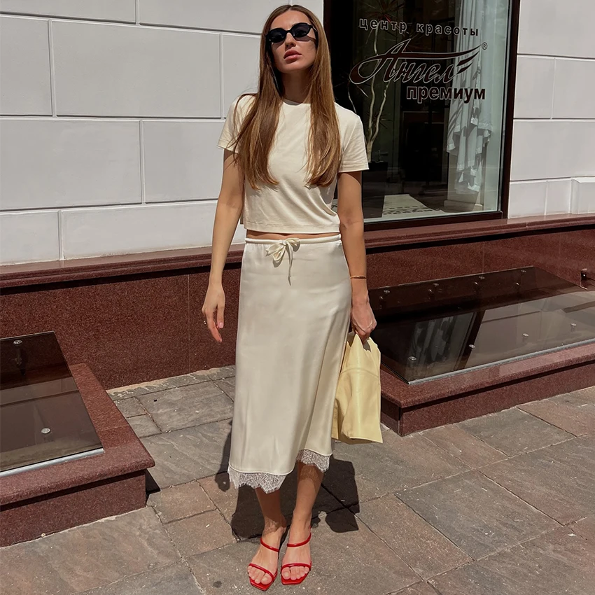 Linad Elegant Satin Lace Mid-Calf Skirts Woman Apricot Street Chic Straight Long Skirt Summer Casual Drawstring Skirts 2025 Fall
