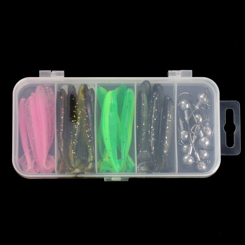 25 pièces leurre en boîte appât souple perche déroule appât de poisson vers souples fileté queue bouclée mouche bionique appât faux appâts tête de plomb crochets